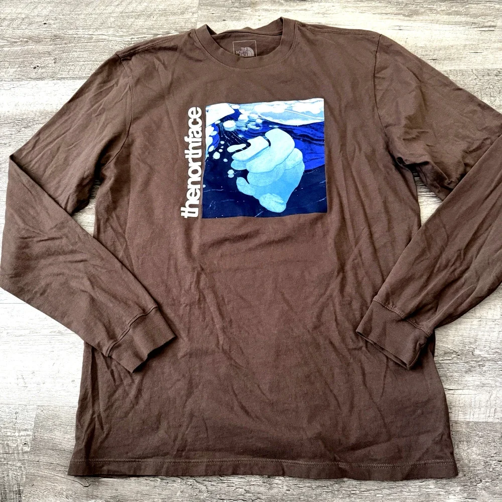 The North Face Circular Design T-Shirt Mens Medium Brown Graphic Long Sleeve